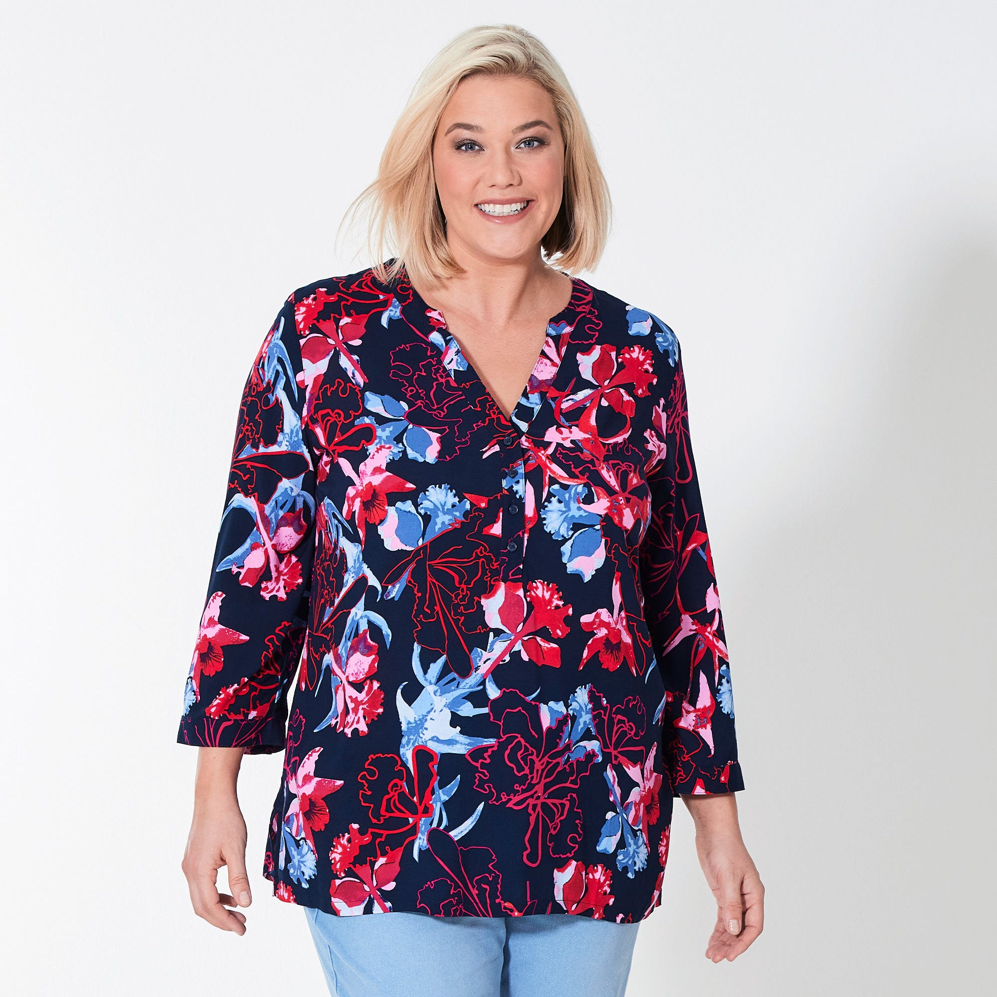 Damen-Bluse mit Krempel-Ärmeln, große Größen