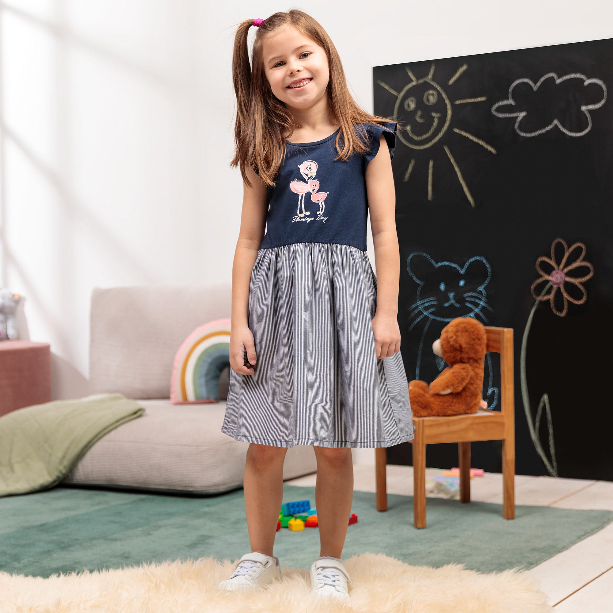 Mädchen-Kleid mit Flamingo-Frontaufdruck