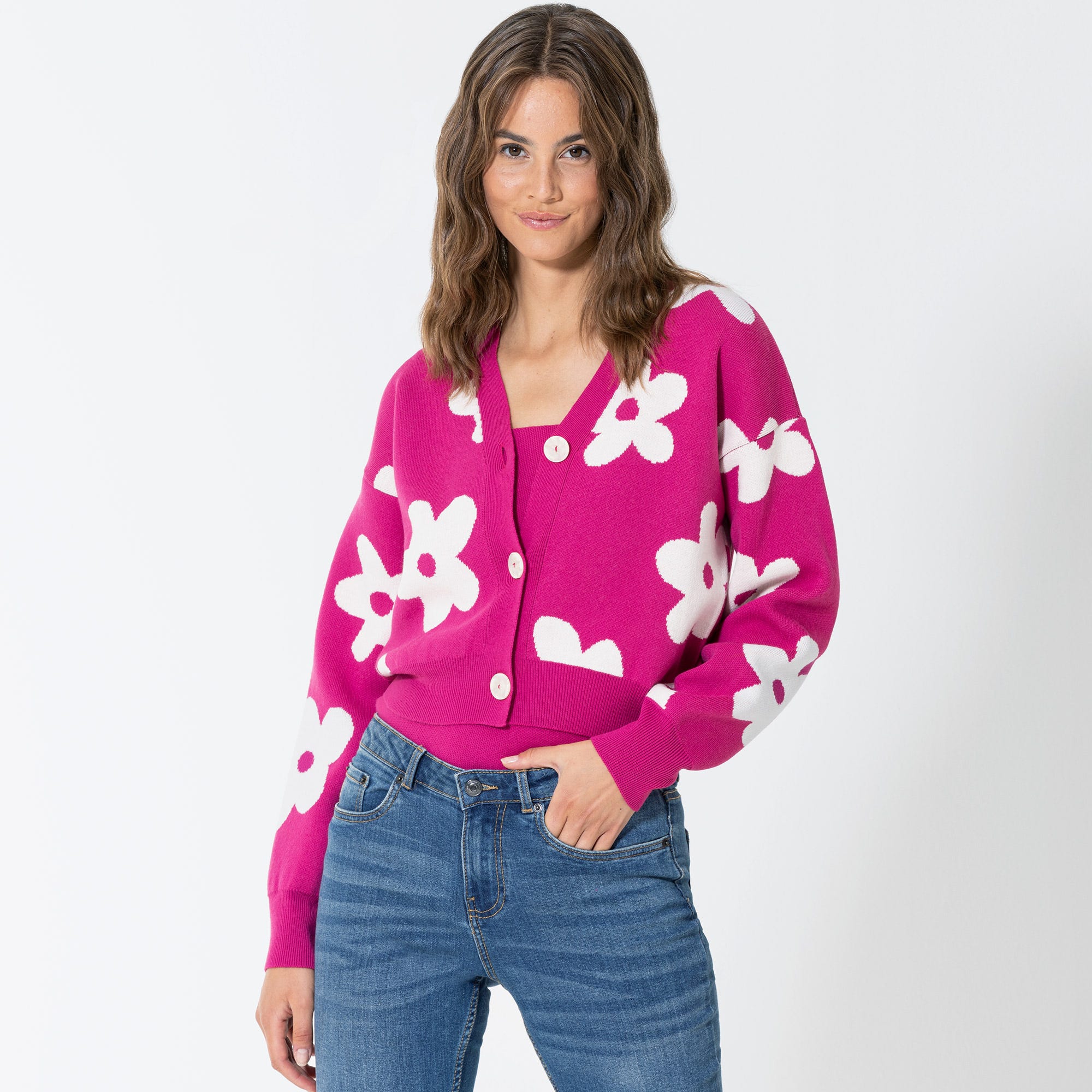Damen-Strickjacke mit Blumenmuster