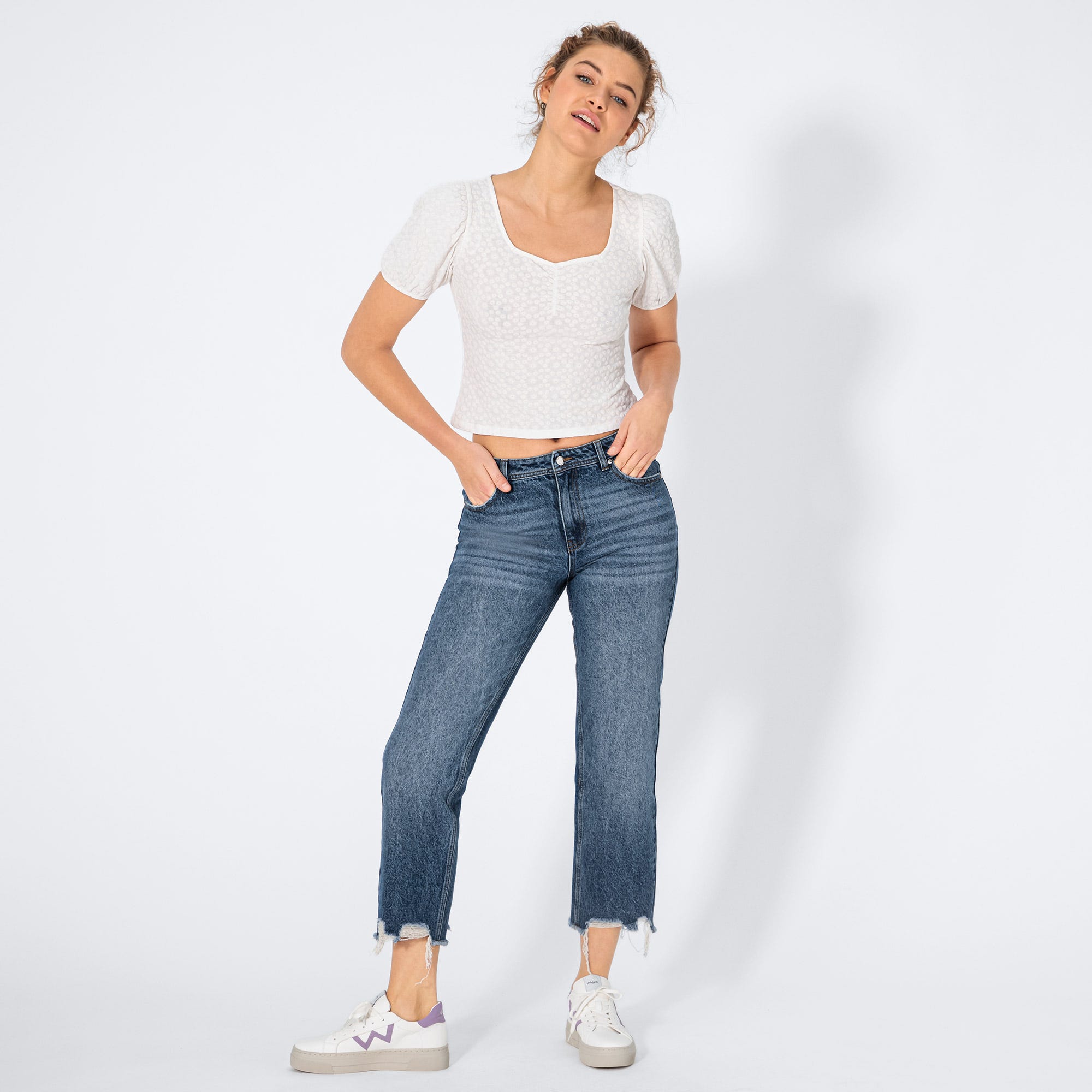 Damen-Capri-Jeans mit offenem Saum