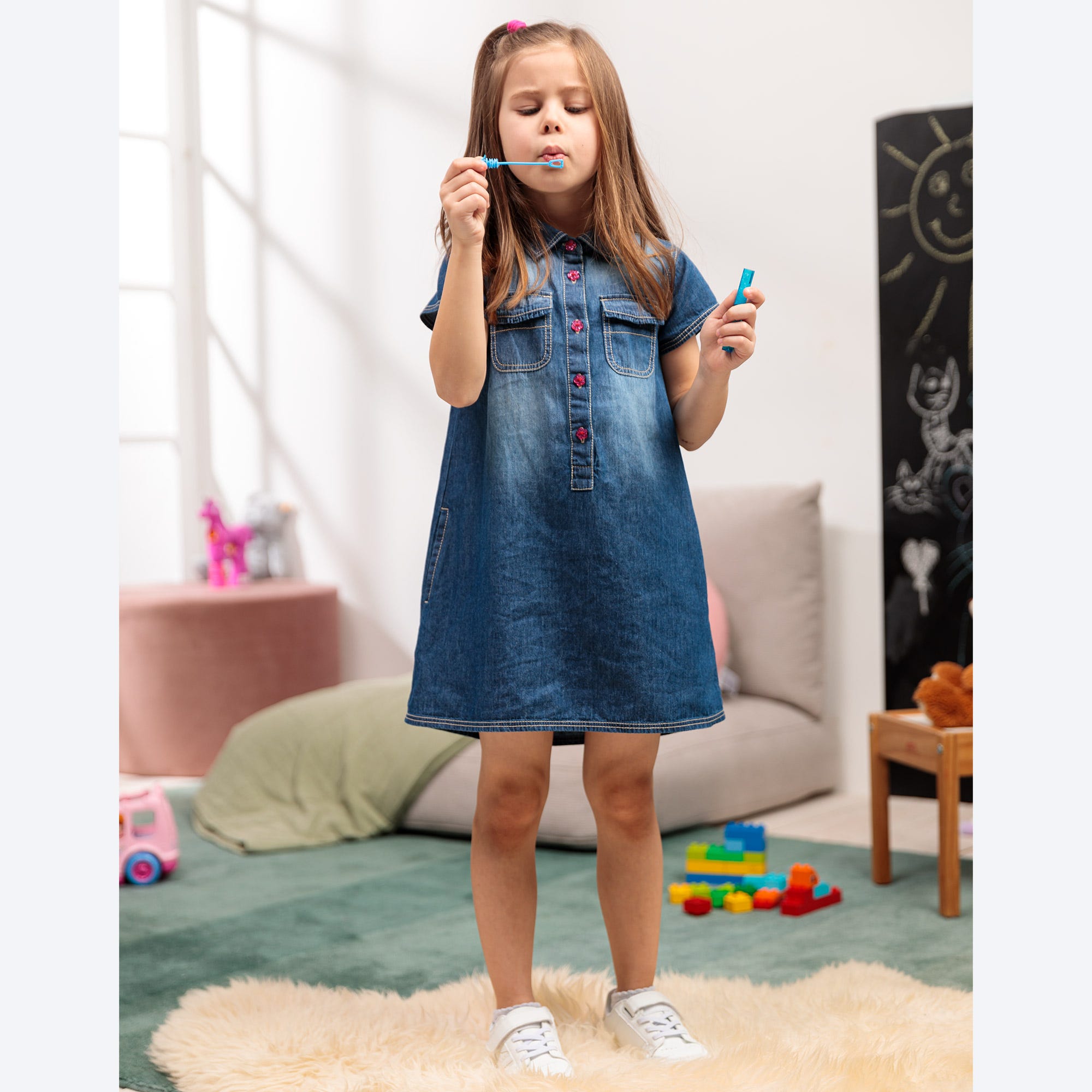 Kinder-Mädchen-Jeanskleid aus reiner Baumwolle