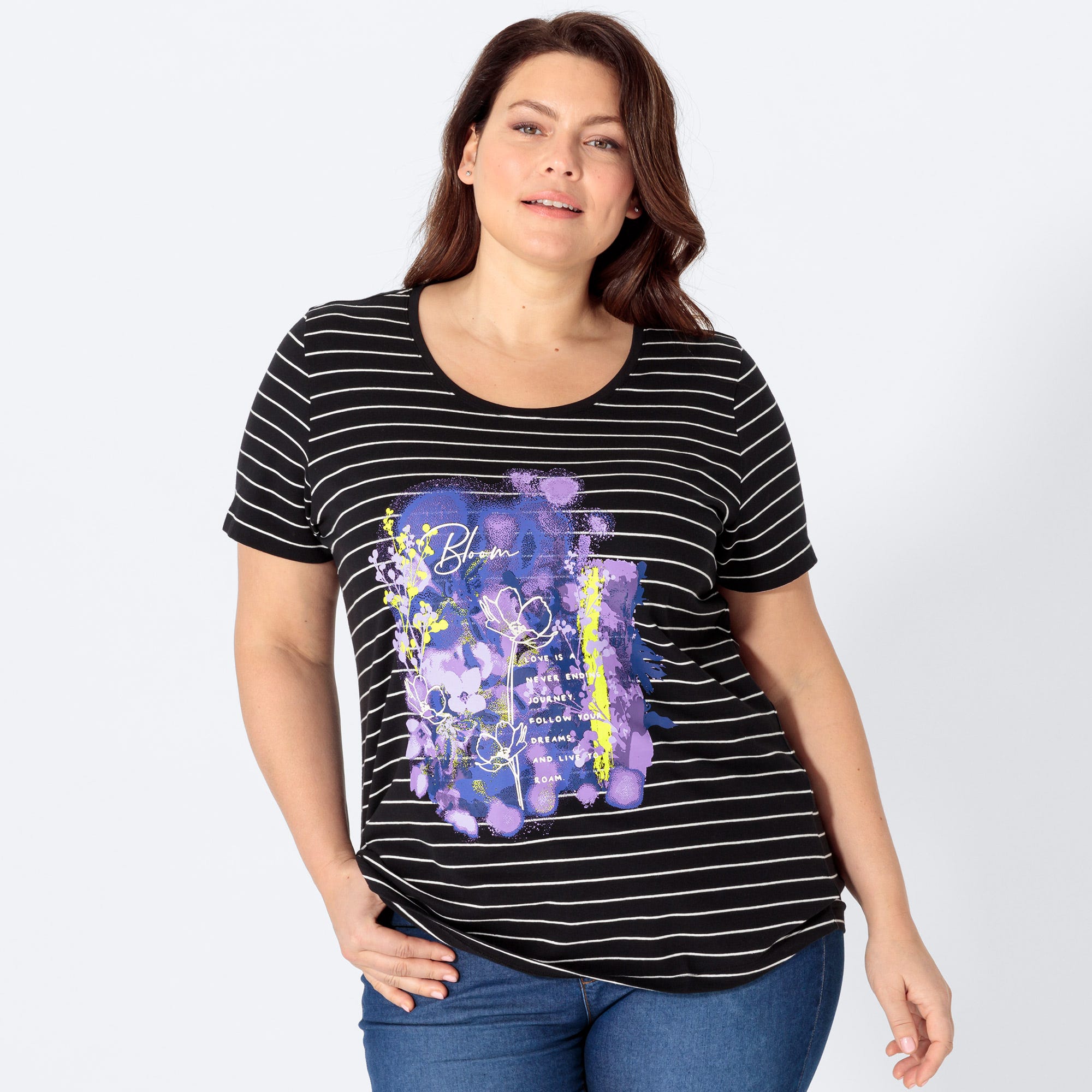 Damen-T-Shirt mit Blumen-Frontaufdruck, große Größen