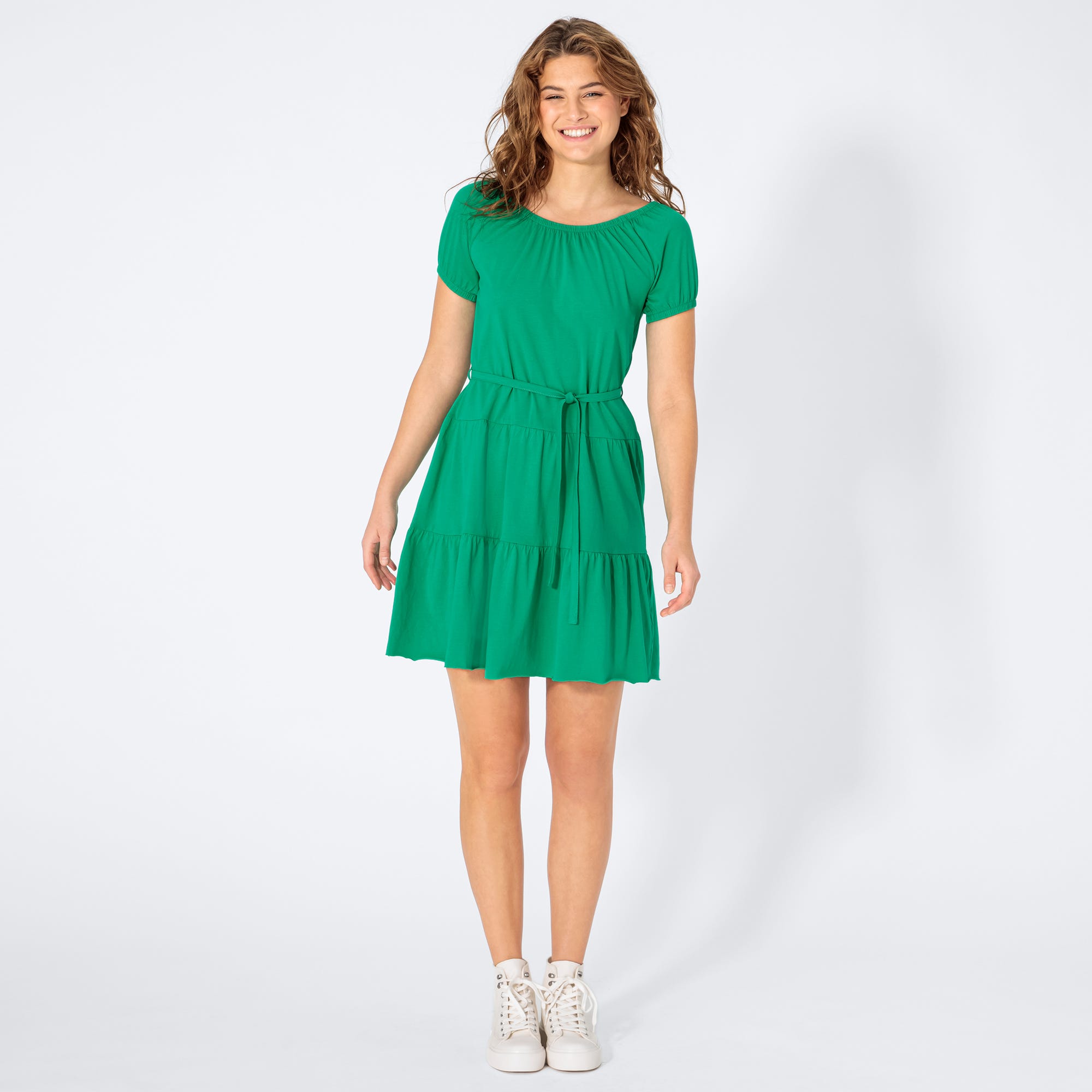 Damen-Kleid mit Carmen-Ausschnitt, mit Gürtel