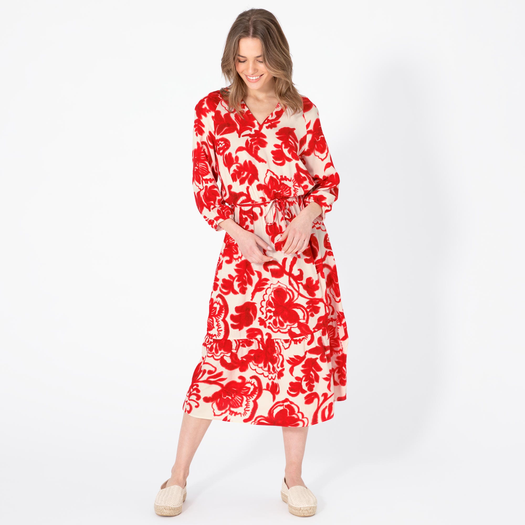 Damen-Kleid mit Blumen-Ornamenten, mit Gürtel