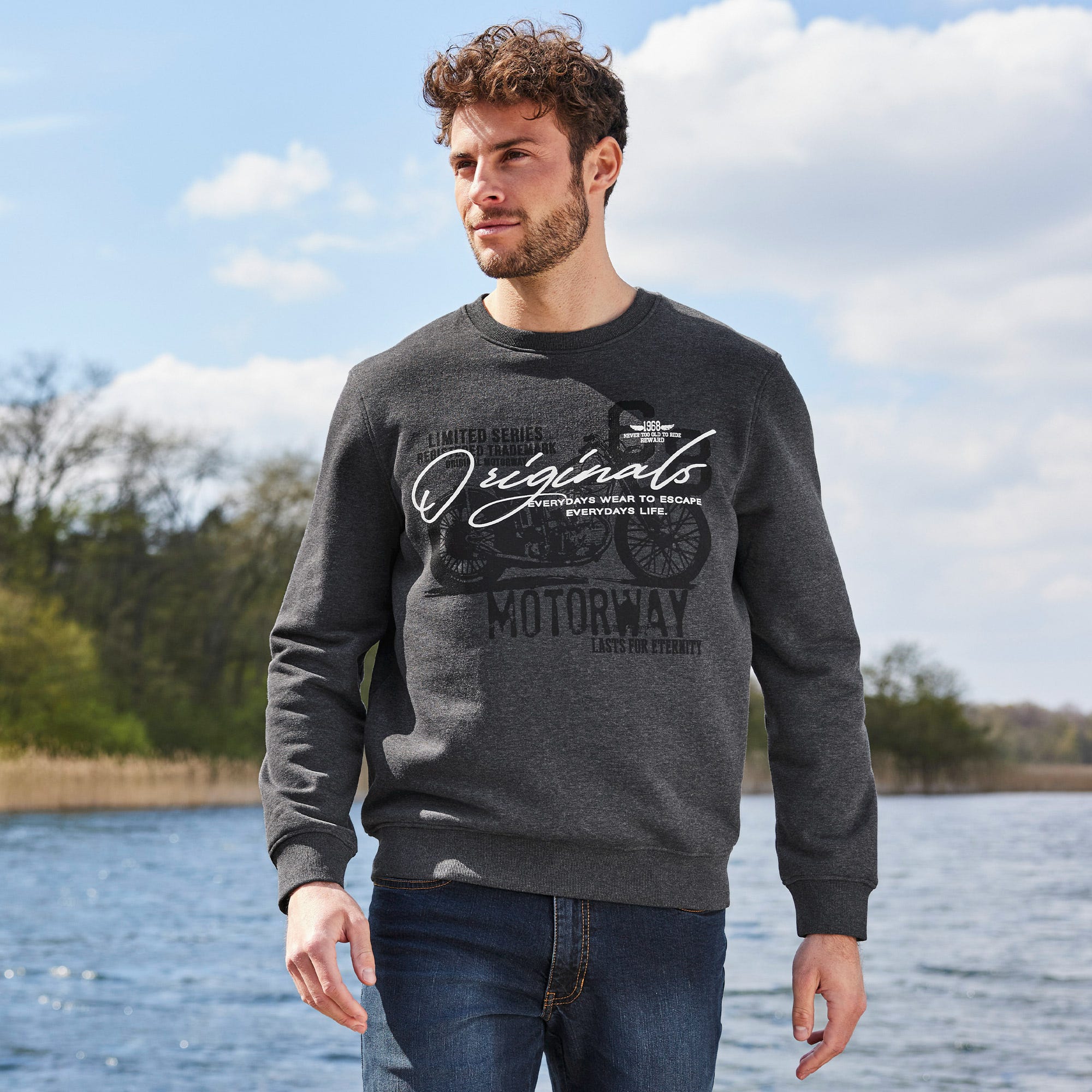 Herren-Sweatshirt mit Motorrad-Frontaufdruck
