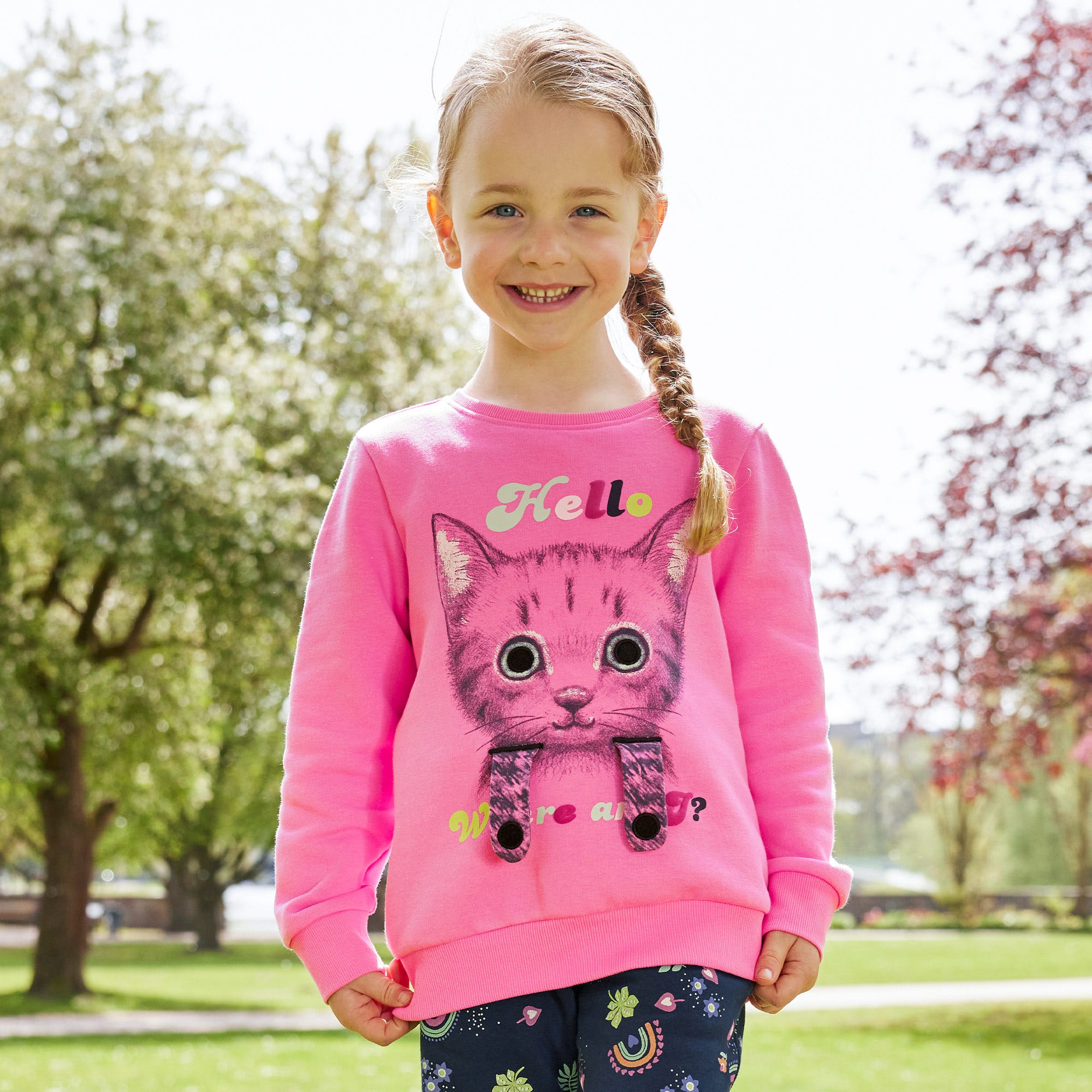 Mädchen-Sweatshirt mit Katzen-Frontaufdruck