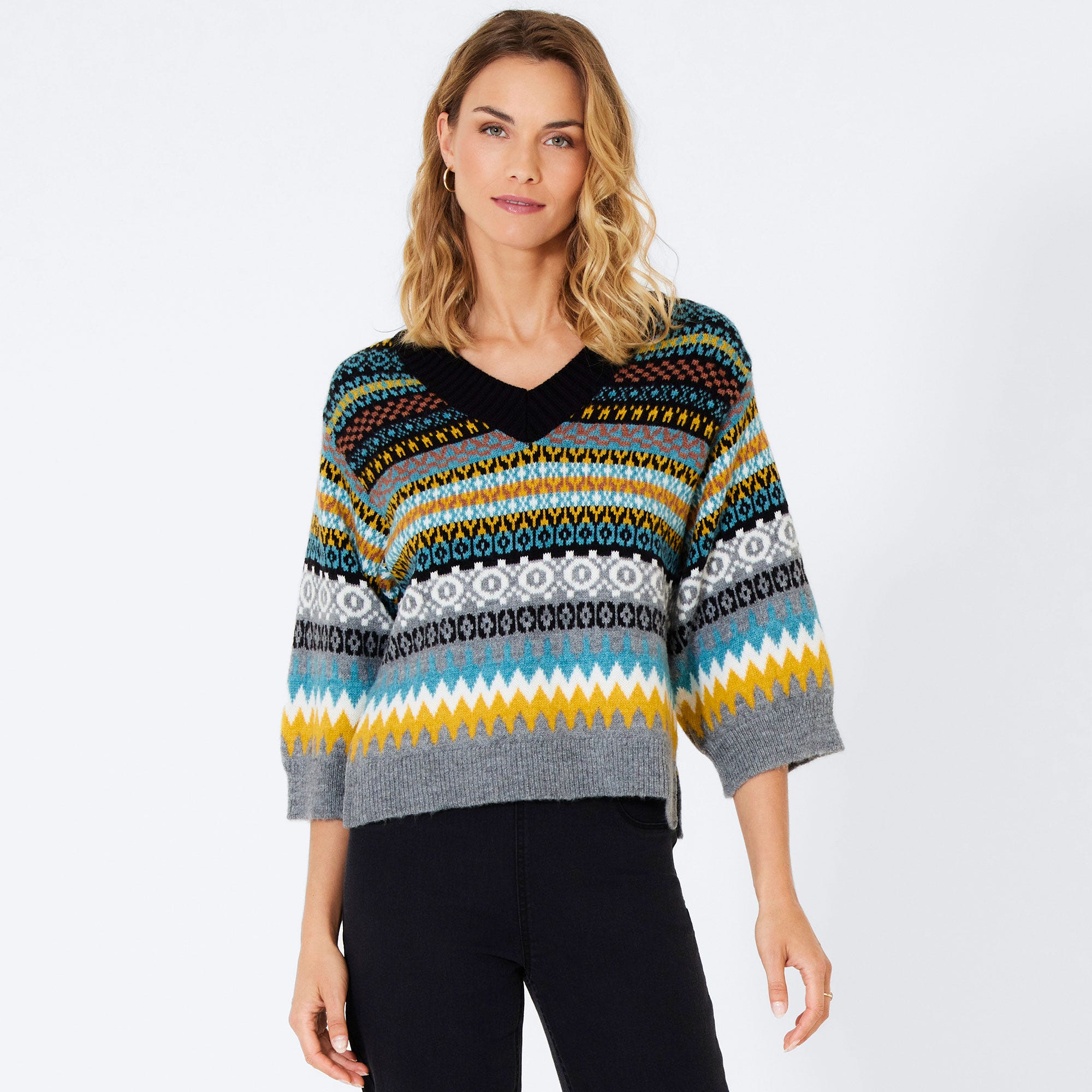 Damen-Jacquard-Pullover mit V-Ausschnitt