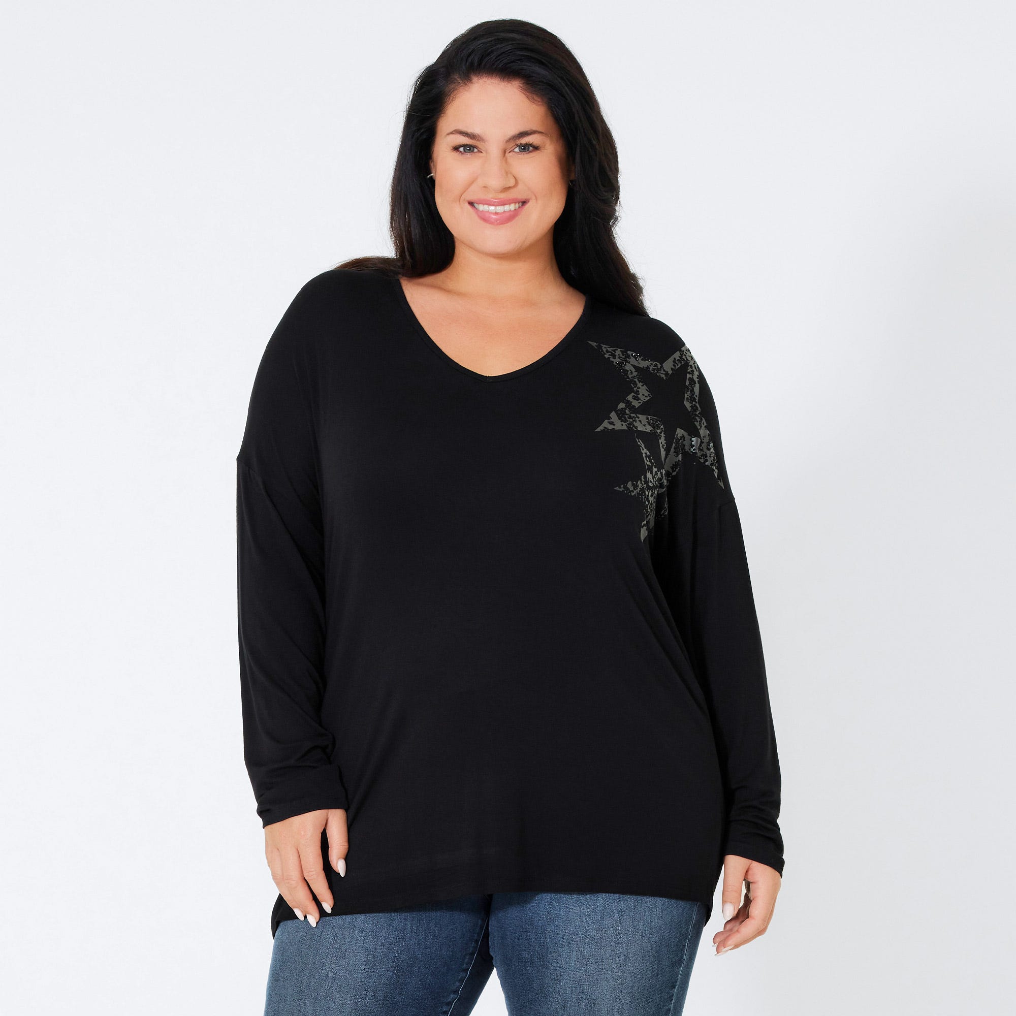 Damen-Langarmshirt mit V-Ausschnitt, große Größen