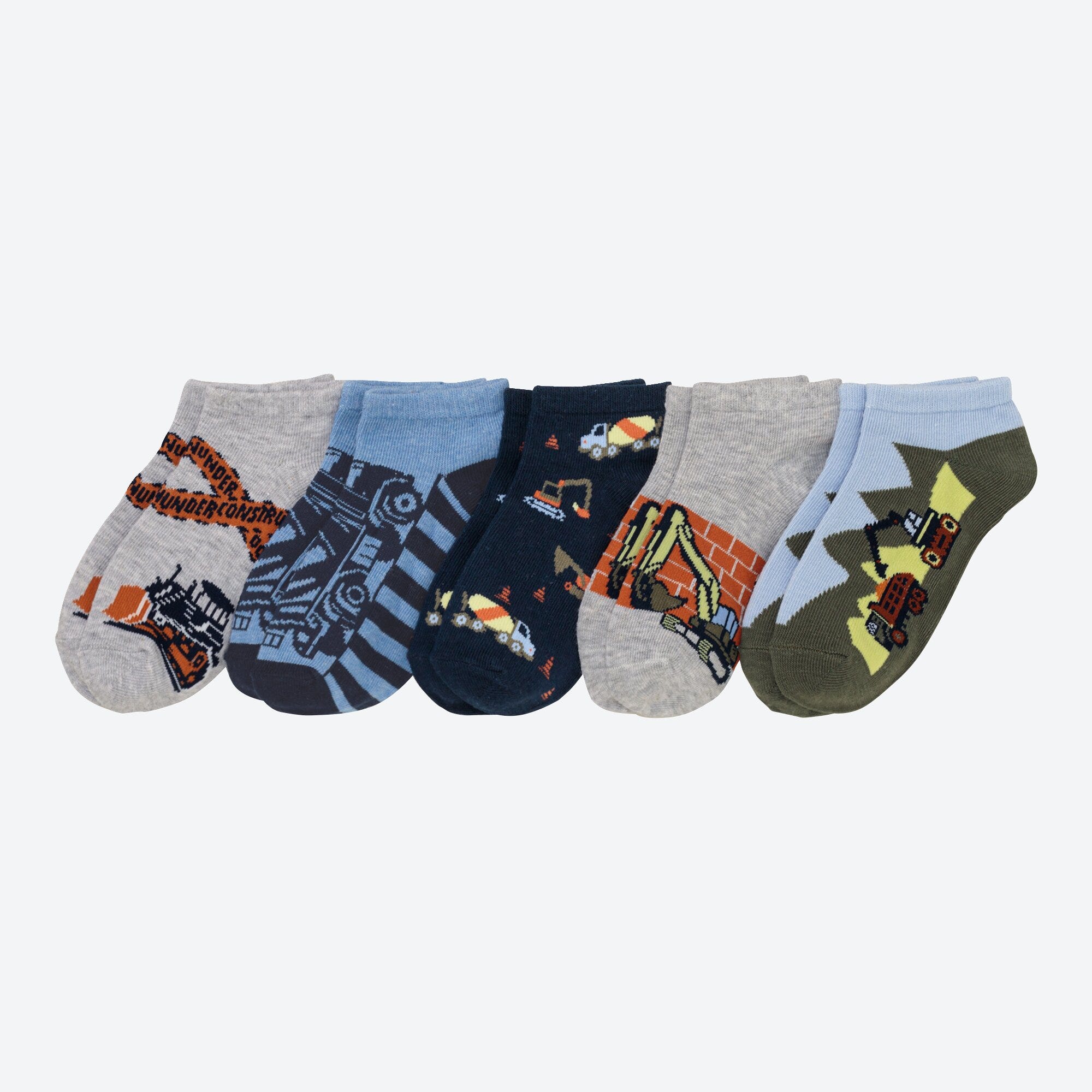 Kinder-Jungen-Sneaker-Socken mit Baustellen-Motiven, 5er-Pack